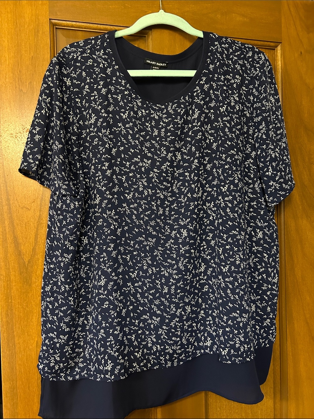 Hilary Radley Navy Floral Short Sleeve Layered-Hem Blouse